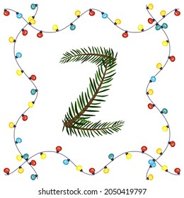 Letter Z from green Christmas tree branches. Festive font and frame from garland, symbol of happy New Year and Christmas, sign from alphabet