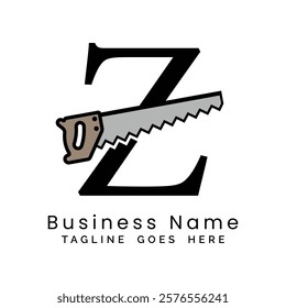 Letter Z handsaw logo. Alphabet Z woodwork and carpentry icon