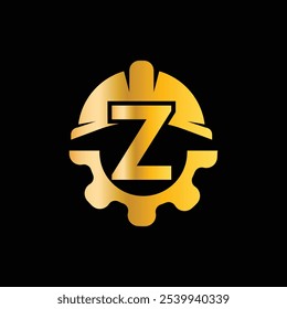 Plantilla de diseño de logotipo de casco y engranaje de letra Z. Vector de diseño de logotipo de ingeniero de engranajes