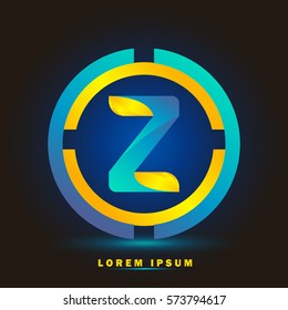 Letter Z icon and logo for business name. elegant typographic. twisted, with blue and yellow rings