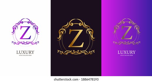 Letter Z initial alphabet with luxury ornament floral frame golden logo template.
