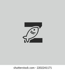Letter Z Initial Fish Logo Design Vector, Flat Style Fish logo design template, Fishing vector logo, Z Letter Fishing Fish Logo