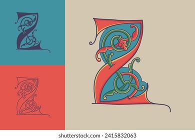 Letter Z initial with trailing vines of thistle plant. Medieval blackletter drop cap based on Bohemian manuscript. Romanesque style dim colors illuminated emblem. Decorative wax seal monogram logo.
