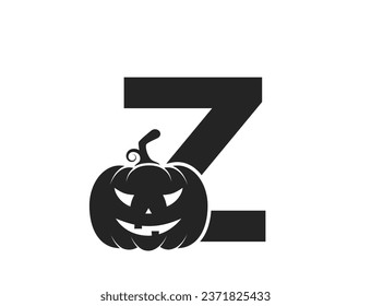 letter z with jack o lantern. halloween and autumn text logo. pumpkin face isolated vector image in simple style