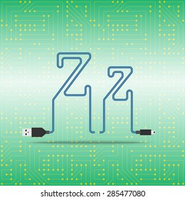 Letter Z laid cable. USB blue cable, vector illustration. Background microchip