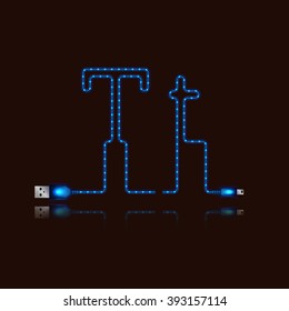 Letter Z laid neon light cable. USB blue cable, vector illustration.
