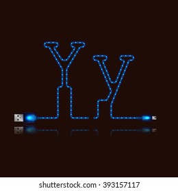 Letter Z laid neon light cable. USB blue cable, vector illustration.