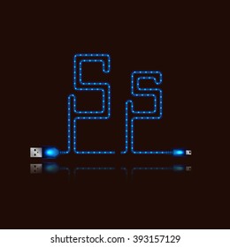 Letter Z laid neon light cable. USB blue cable, vector illustration.