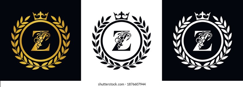 Letter Z laurel wreath template logo Luxury gold letter with crown. Monogram alphabet . Beautiful royal initials letter.	