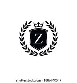  Letter Z laurel wreath template logo Luxury shield letter with crown. Monogram alphabet . Beautiful royal initials letter.