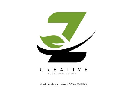 Letter Z with Leaf and Creative Swoosh Logo Design. Eco Letter Vector Illustration.