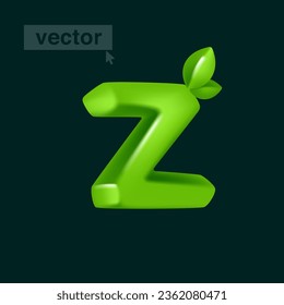 Letter Z logo 3D render in cartoon cubic style with green leaves. Eco-friendly vector illustration. Impossible isometric shapes. Perfect for nature banner, healthy food labels, garden, and grass adv.