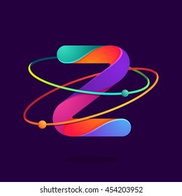 Letter Z logo with atoms orbits lines. Bright vector design for science, biology, physics, chemistry company.