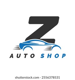 letter Z logo auto mechanic with car style. Alphabet Z automotive car design icon