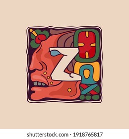 Letter Z logo in Aztec, Mayan or Incas style. Native American symbol with warrior or god face. Perfect for ethnic labels, sport emblem, tattoo design and tribal identity, etc.