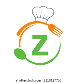 Letter Z Logo With Chef Hat, Spoon And Fork For Restaurant Logo. Restaurant Logotype On Letter Z Spoon And Fork Concept
