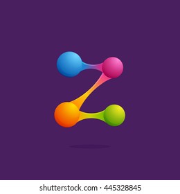 Letter Z logo with colorful spheres or dots and lines. Colorful vector design for banner, presentation, web page, app icon, card, labels or posters.