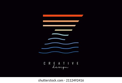 Letter Z logo design with colorful straight and zig zag lines. Vector illustration with sea and sunset color lines.