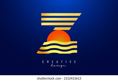 Letter Z logo design with golden straight and zig zag lines. Vector illustration with wavy and sunset color lines and half circle.