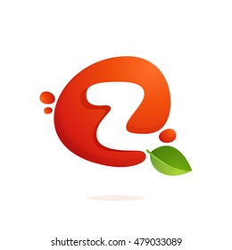 Letter Z logo in fresh juice splash with green leaves. Vector elements for natural application, ecology presentation, business card or cafe posters.