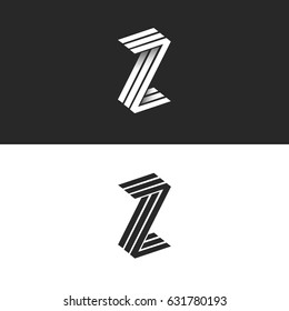 Letter Z logo isometric geometric shape 3D monogram, hipster graphic design initials ZZZ black and white emblem with shadow for wedding invitation or business card.