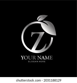 logotipo de letra Z y círculo de hoja. letra vectorial premium Z con hoja de color de lujo plateado. letra modelo de metal Z