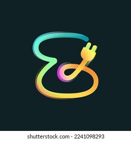 Letter Z logo made of curved vivid gradient line with plug icon and rainbow shine. Overlapping multicolor emblem. Ideal for colorful electric app, eco-friendly charge design, technology advertising.