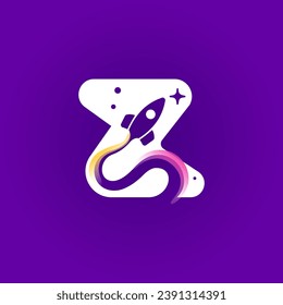 Letter Z logo with rocket launch trail, planets, and stars. Negative space style icon. Vector typeface for science identity, planet travel app, chemistry posters, jet company, and biology advertising.