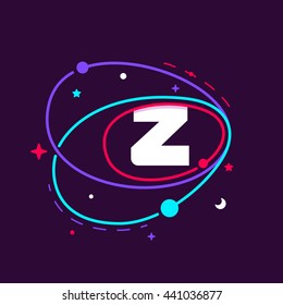 Letter Z logo in space orbits, stars and and planets. Colorful vector design for app icon, corporate identity, card, labels or posters.