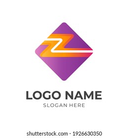 letter Z logo template with 3d purple and orange color style