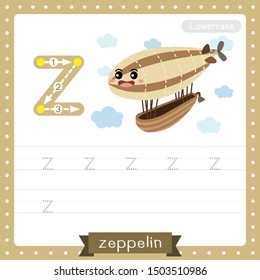 Letter Z lowercase cute children colorful transportations ABC alphabet tracing practice worksheet of Zeppelin for kids learning English vocabulary and handwriting Vector Illustration.