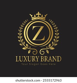 Letter Z luxury gold logo concept brand logo design with a royal gold crown emblem and elegant typography
