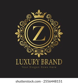 Letter Z luxury gold logo concept brand logo design with a royal gold crown emblem and elegant typography
