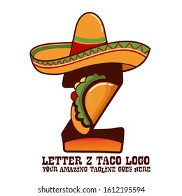 Letter Z Mexican Meat Taco Dishes with Sombrero Hat Vector Logo Design Illustration Food on White Background for Restaurant and Cafe. Initial Typography Logotype Template