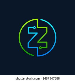 Letter Z Mono Line Logo With Element Chip, Connect Concept , Circle Shape Symbol, Green And Blue Color, Technology And Digital Abstract Dot Connection - Vector