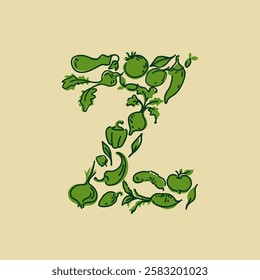 Letter Z monogram logo. Decorative creative icon emblem with fruits and vegetables. Symbol for natural, fresh food brand and restaurant. Alphabet initial. Green leaf, plant.