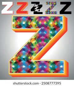 Letra Z en Vector de Regalías de mosaico de patrón triangular, triángulos coloridos forman el diseño de mosaico Z, este Diseño gráfico se establece contra el fondo triangular blanco Z, alfabeto poligonal 3D Z, letra AZ.