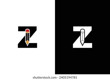 Letter Z Pencil Logo Design. Letter Z Pencil Vector Icon Graphic Illustration Background Template.