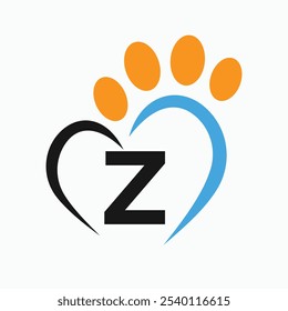 Letter Z Pet Logo Design Concept With Paw and Heart Symbol Vector