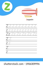 Letter Z with a picture of zeppelin and seven lines of letter Z writing practice. Handwriting practice and alphabet learning. Vector illustration.
