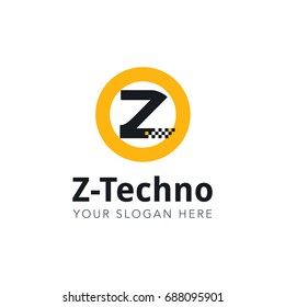 Letter Z Pixel Logo Design Template With Yellow Circle Isolated on White Background. Vector Illustration