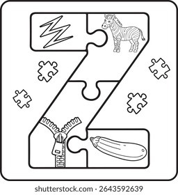 Letter Z Puzzle Alphabet  with Objects kids coloring books for kids