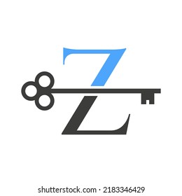 Letter Z Real Estate Logo Concept With Home Lock Key Vector Template. Luxury Home Logo Key Sign