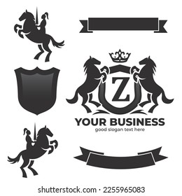 Letter Z Retro Crest With Shield And Two Horses Vector, heraldic shield with crown, horse silhouette