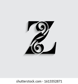 letter Z with shadow. Black alphabet.  Beautiful flower  capital letters