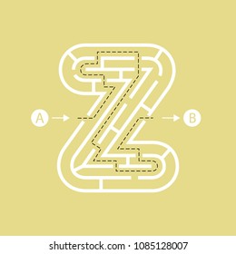 Letter Z shape Maze Labyrinth, maze with one way to entrance and one way to exit. Flat design, vector illustration.