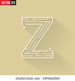 Letter Z shape Maze Labyrinth, maze with one way to entrance and one way to exit. Flat design, vector illustration.