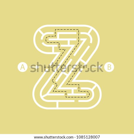 Letter Z shape Maze Labyrinth, maze with one way to entrance and one way to exit. Flat design, vector illustration.