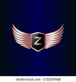 letter Z shield with wings gold color logo design concept template vector 3d heraldic shield and wings logo gold / silver emblem