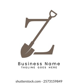 Letter Z shovel logo design. Alphabet Z construction icon